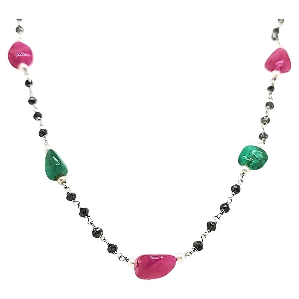 Emerald Ruby Cts 55.84 and Black Diamond Cts 12.58 Beaded Necklace