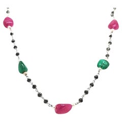 Emerald Ruby Cts 55.84 and Black Diamond Cts 12.58 Beaded Necklace