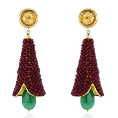 Emerald & Ruby Dangle Earrings with Diamonds Made in 14k Yellow Gold & Silver