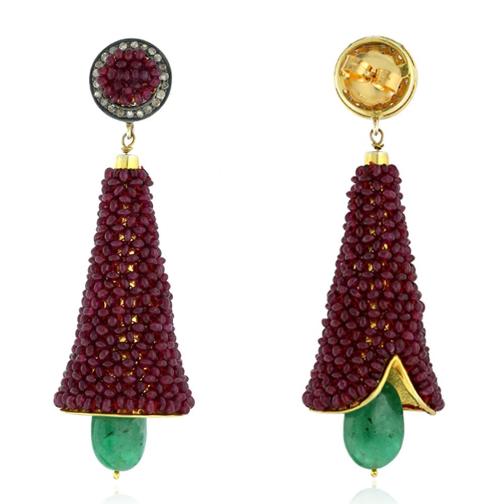 Art Deco Emerald & Ruby Dangle Earrings with Diamonds Made in 14k Yellow Gold & Silver For Sale
