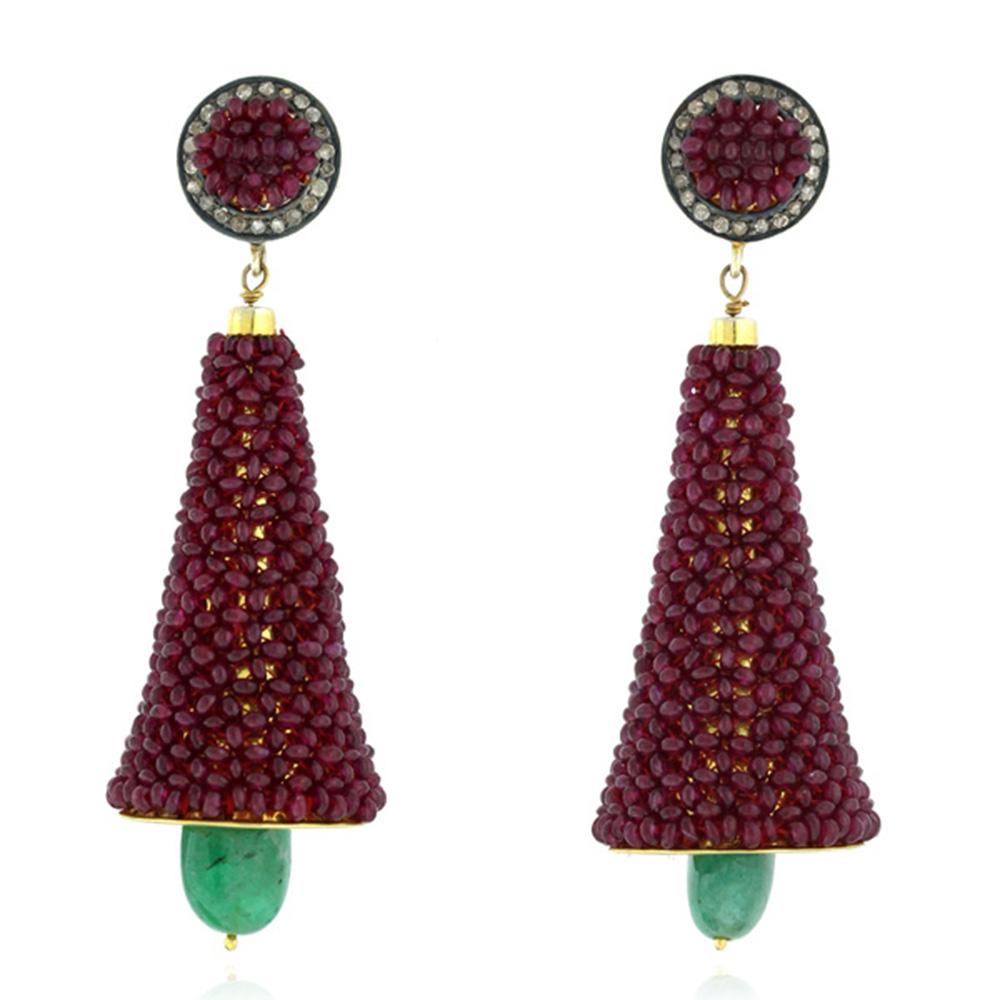 Mixed Cut Emerald & Ruby Dangle Earrings with Diamonds Made in 14k Yellow Gold & Silver For Sale