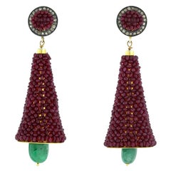 Boucles d'oreilles pendantes en or jaune 14k et argent, émeraudes et rubis avec diamants