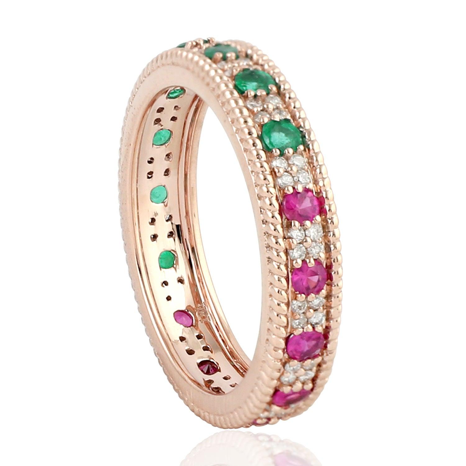 For Sale:  Emerald Ruby Diamond 18 Karat Gold Eternity Ring 3