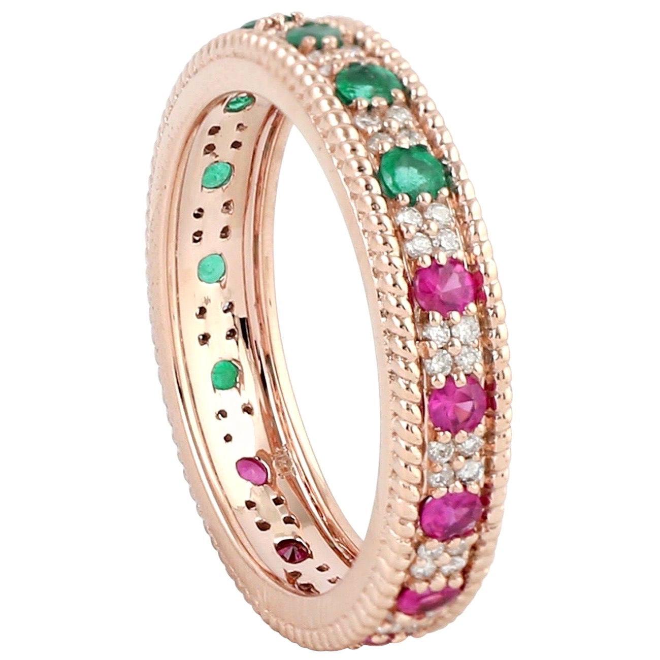 For Sale:  Emerald Ruby Diamond 18 Karat Gold Eternity Ring