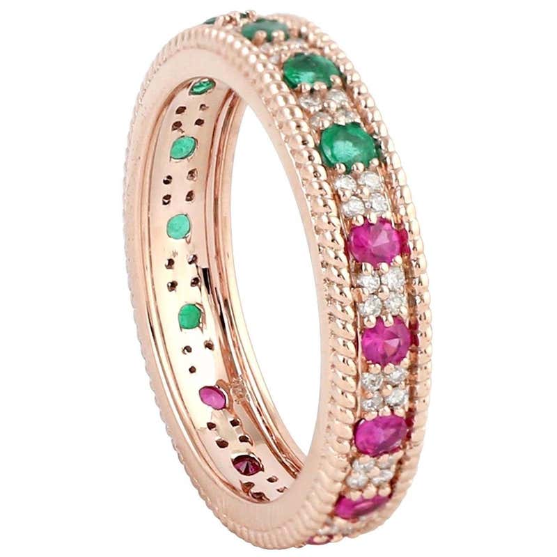 Ruby Emerald Diamond Gold Bezel Set Ring at 1stDibs