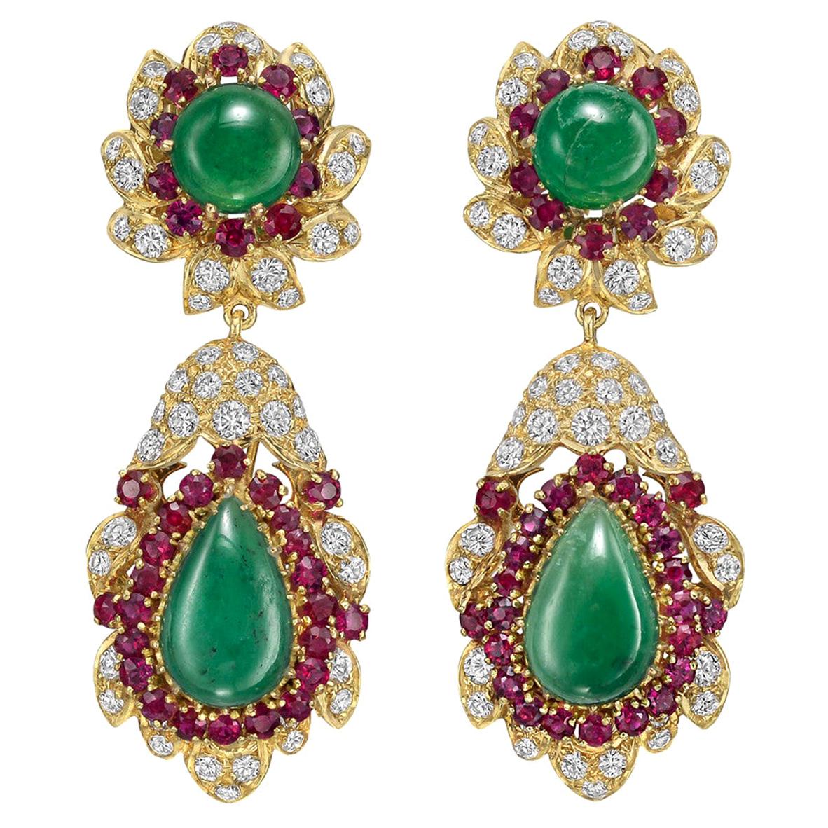 Emerald, Ruby, Diamond and Jade Pendant Earrings