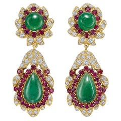 Emerald, Ruby, Diamond and Jade Pendant Earrings