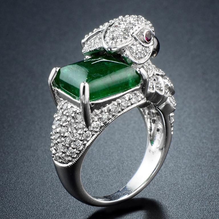 Emerald Cut Emerald Ruby Diamond Bird Cocktail Ring