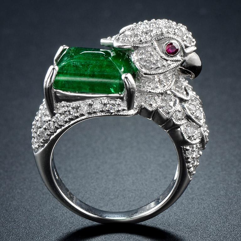 Emerald Ruby Diamond Bird Cocktail Ring In New Condition In Bangkok, TH