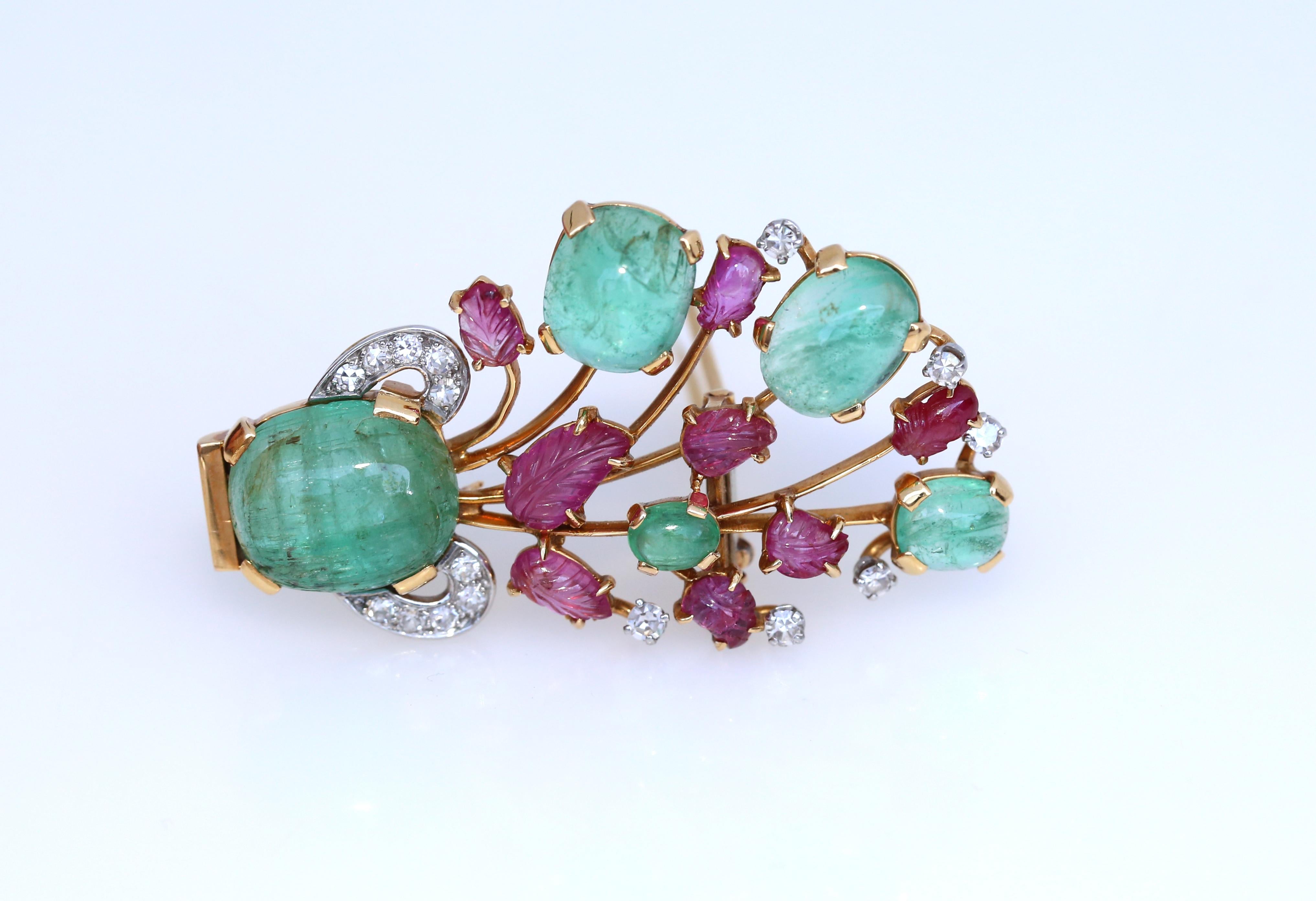 Women's Emerald Ruby Diamond Brooch Pin 1910 Collection Princess Theresa