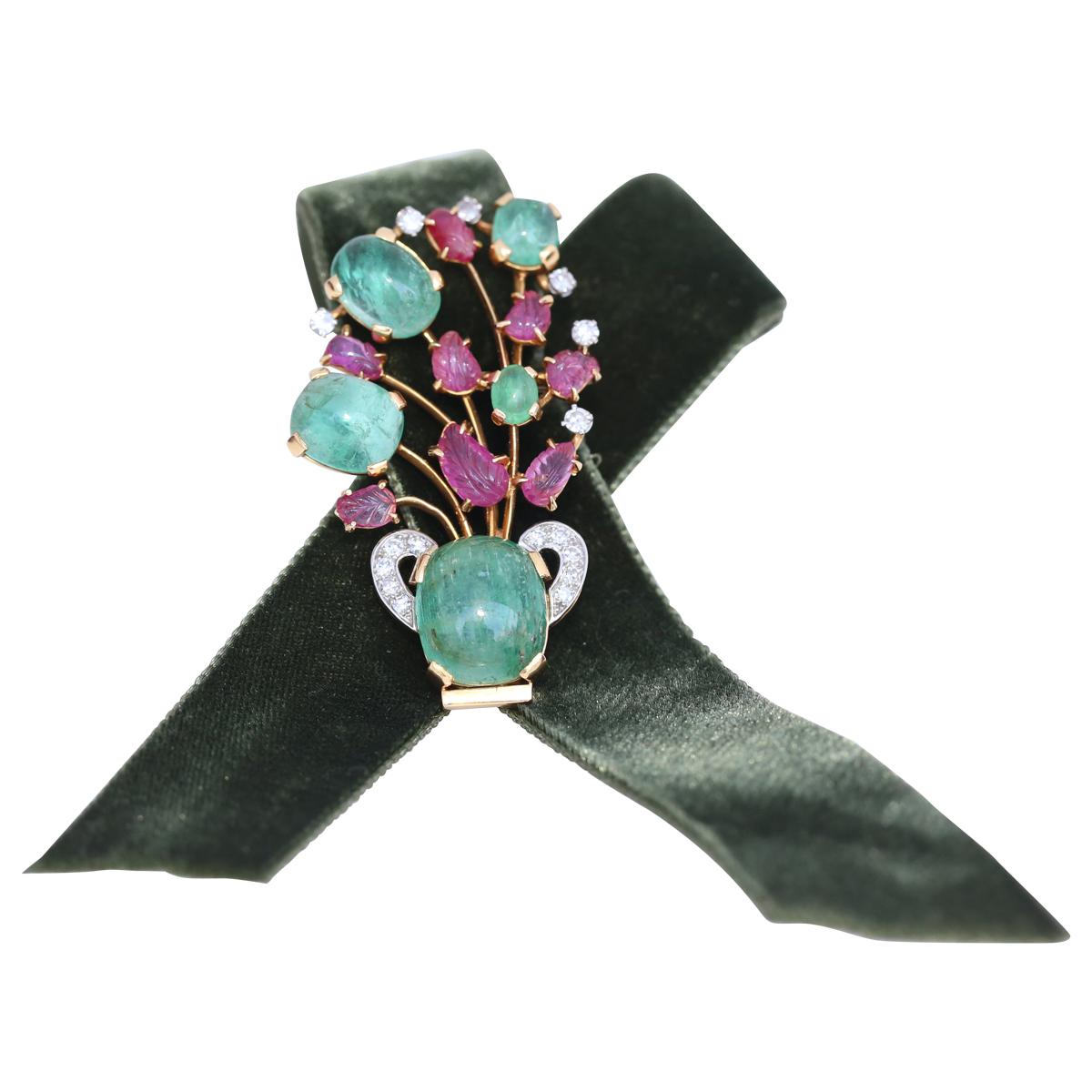 Emerald Ruby Diamond Brooch Pin 1910 Collection Princess Theresa