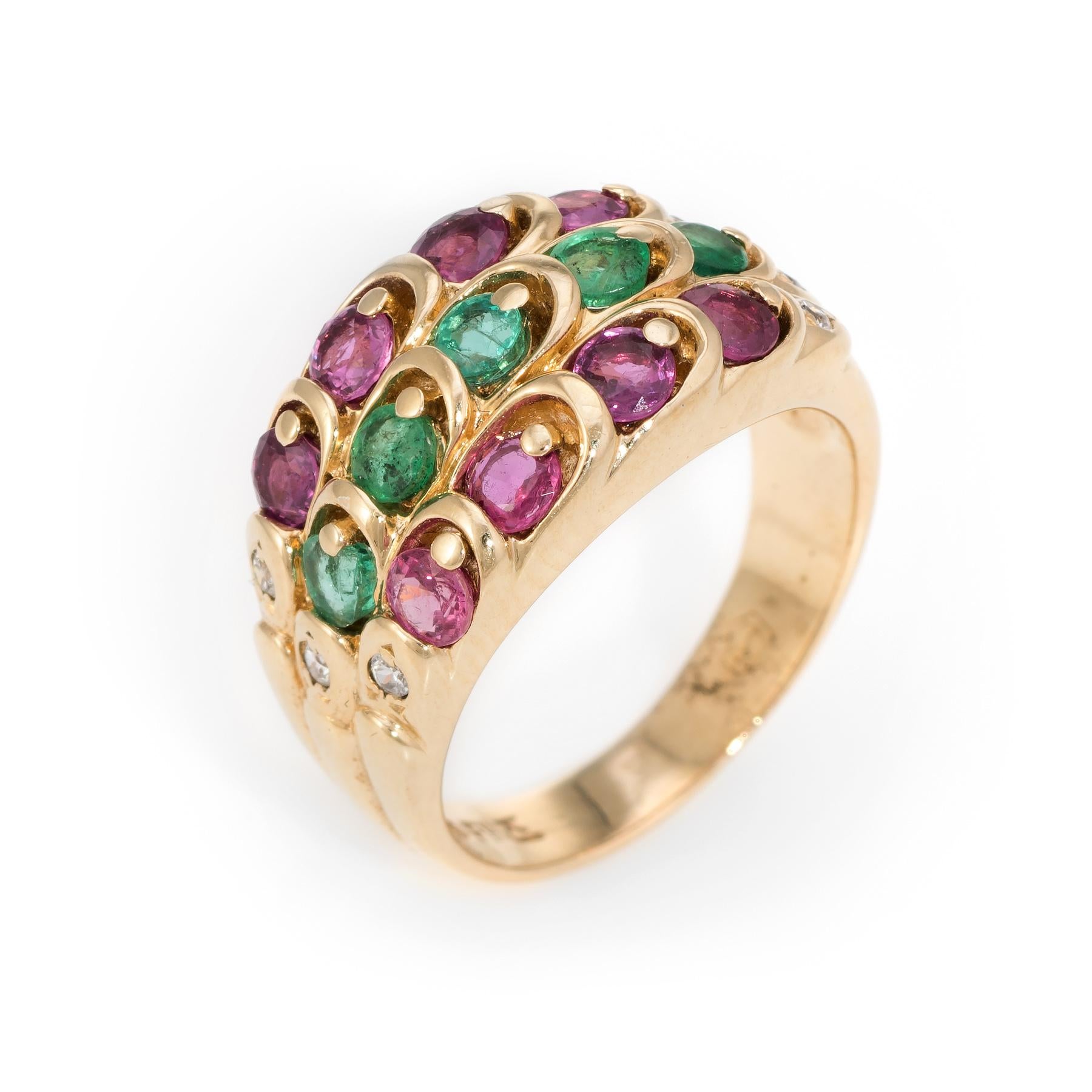 Finely detailed vintage cigar band (circa 1960s), crafted in 14 karat yellow gold.

SPECIFICATIONS:

Brand: Unbranded
Circa: 1960s
Style: Band
Condition: Very Good. Slight chip to emerald (visible under a 10x loupe).
Diamond Clarity: VS2-SI1