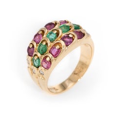 Emerald Ruby Diamond Cigar Band Ring Vintage 14 Karat Yellow Gold Estate Jewelry