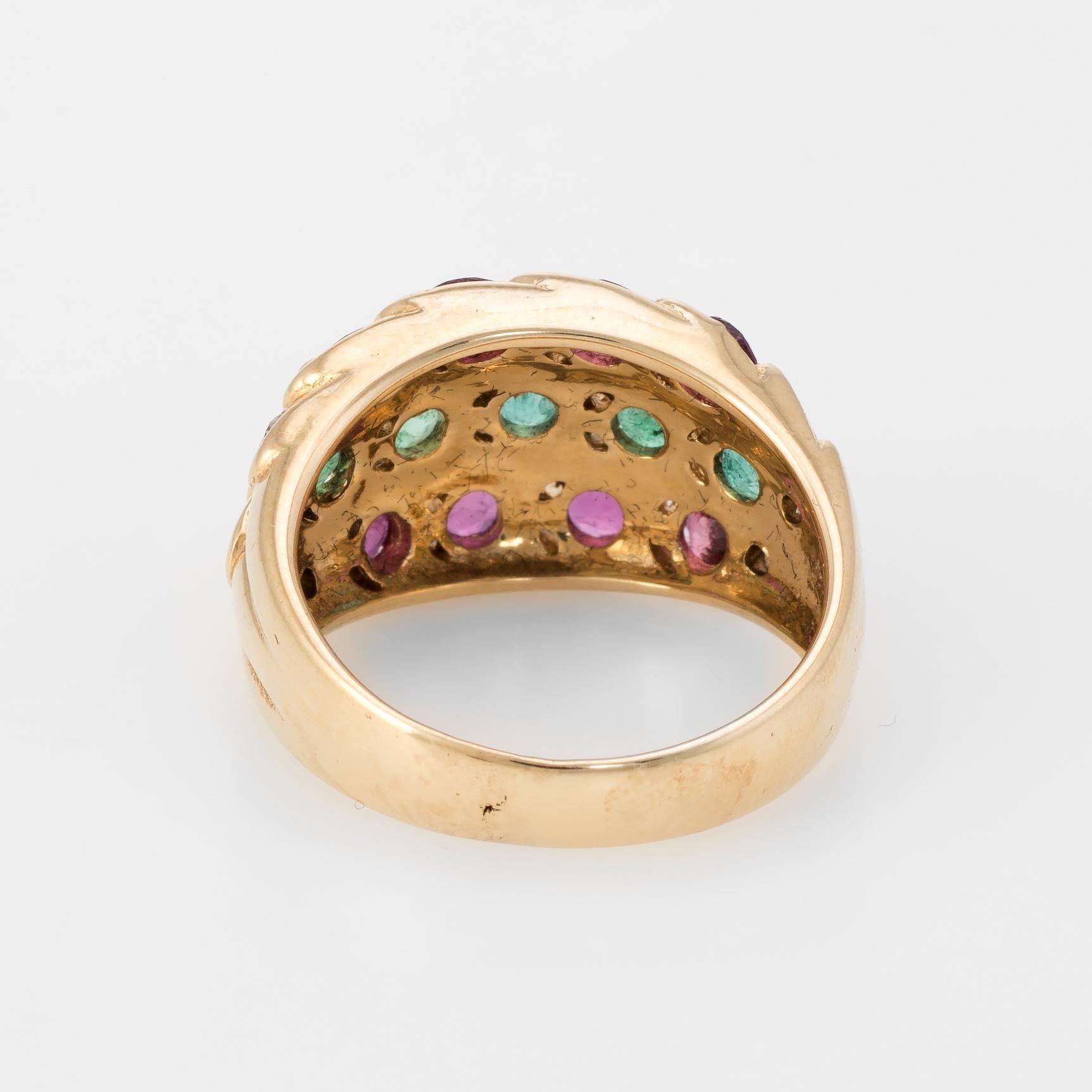 Emerald Ruby Diamond Cigar Band Ring Vintage 14 Karat Yellow Gold Estate Jewelry In Good Condition In Torrance, CA