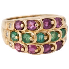 Smaragd Rubin Diamant Zigarre Band Ring Vintage 14 Karat Gelbgold Estate Jewelry
