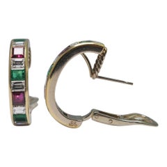 Emerald Ruby Diamond Gold Hooped Earrings