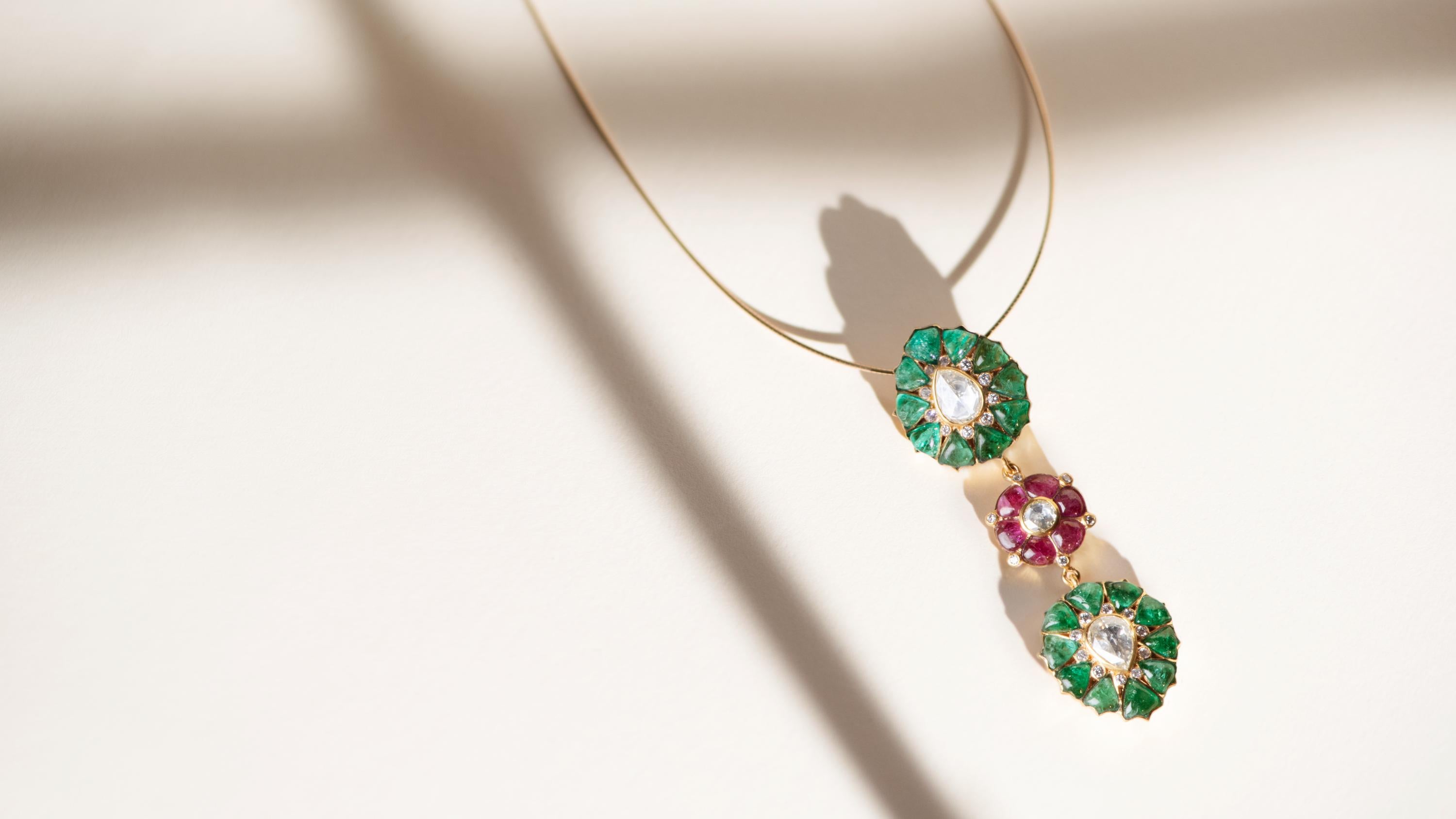 Modern Manpriya B Emerald, Ruby Diamond, 18 Karat Gold Tear Shape Pendant For Sale