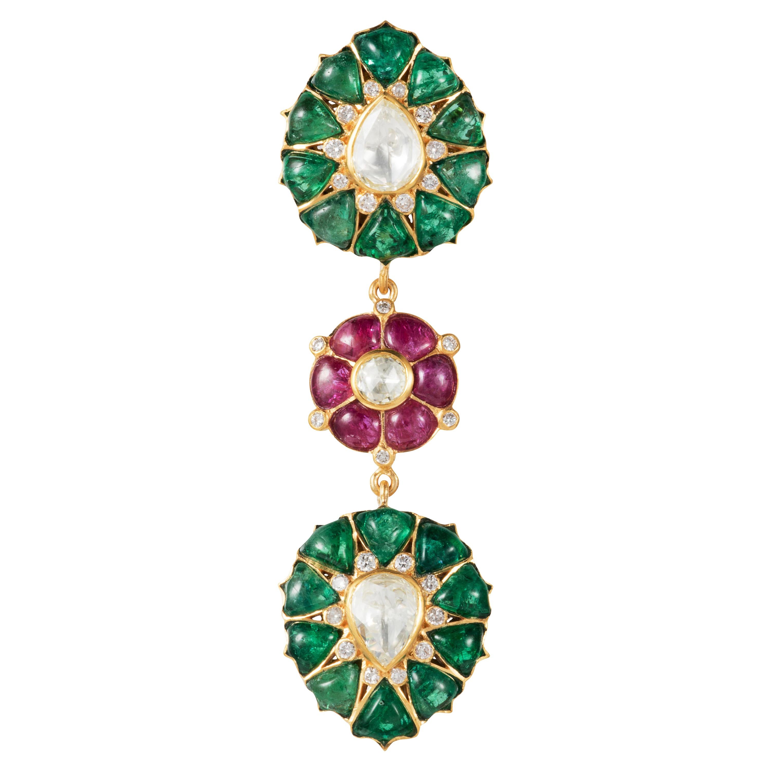 Manpriya B Emerald, Ruby Diamond, 18 Karat Gold Tear Shape Pendant For Sale