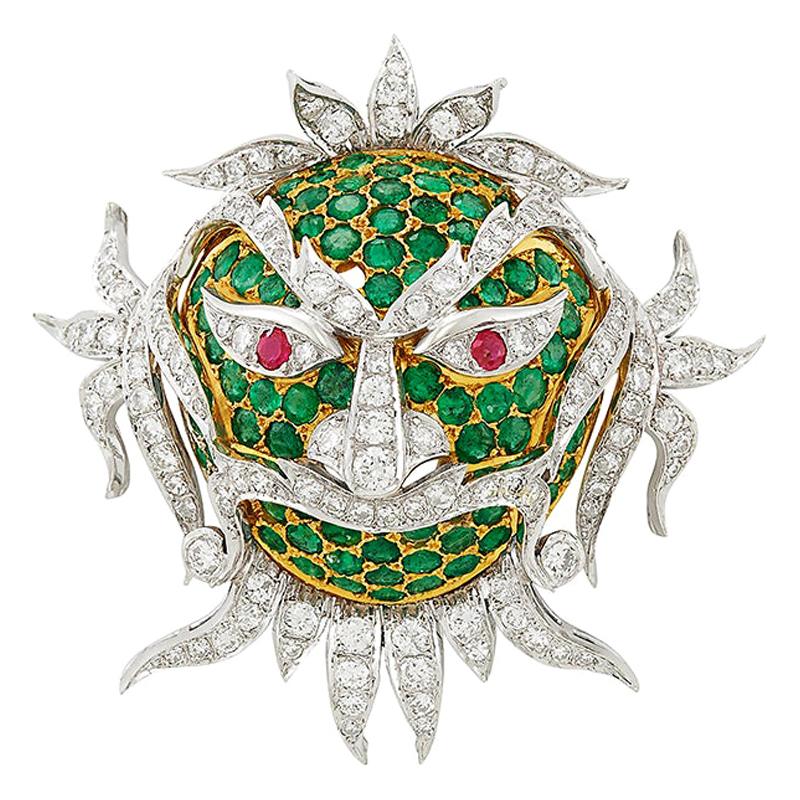 Emerald Ruby Diamond Mask Brooch