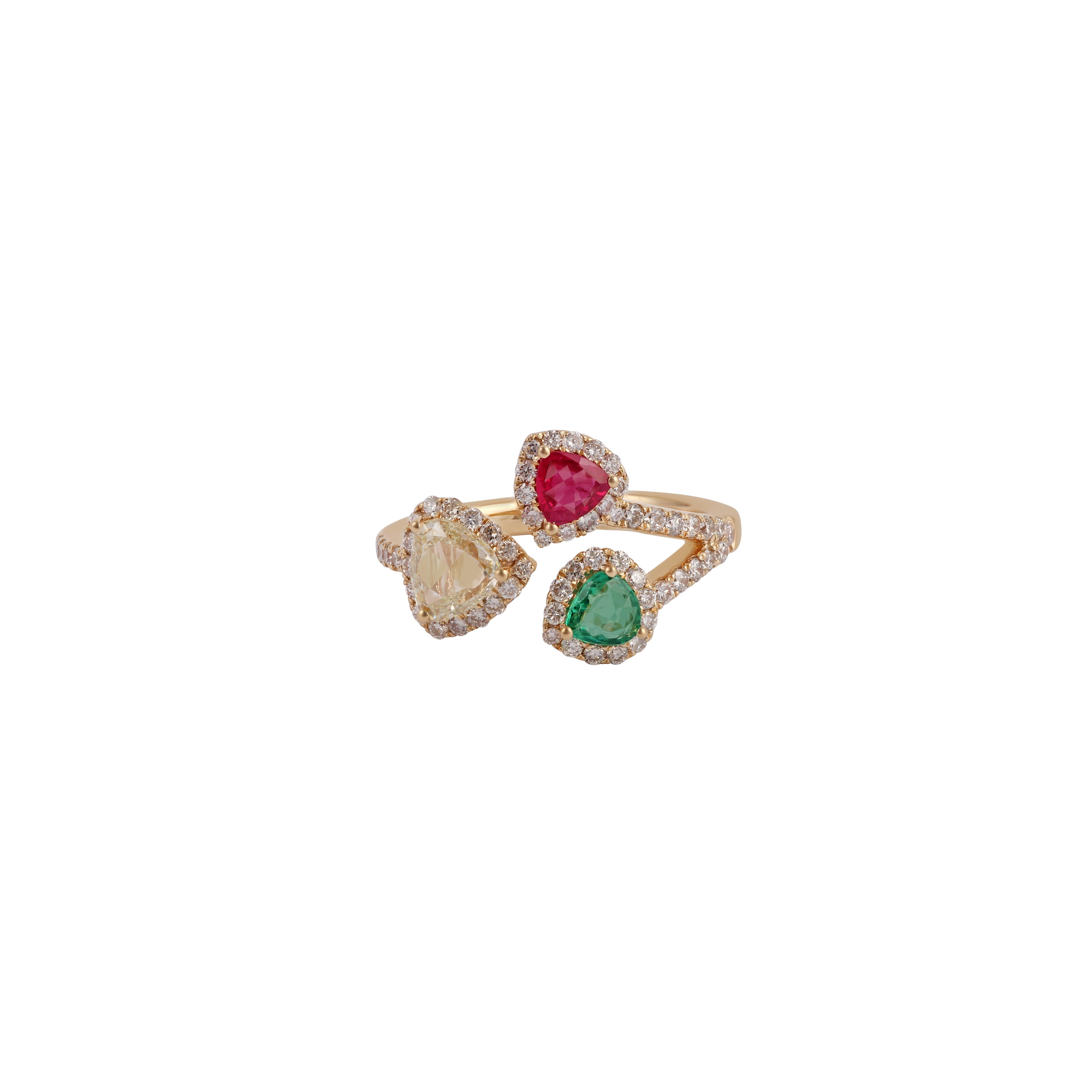 Its an elegant ring studded in 18k yellow gold with 1 piece trilliant shaped emerald weight 0.20 carat with 1 piece trilliant shaped ruby weight 0.26 carat & 1 piece trilliant shaped diamond weight 0.62 carat, this ring also contains 59 pieces round
