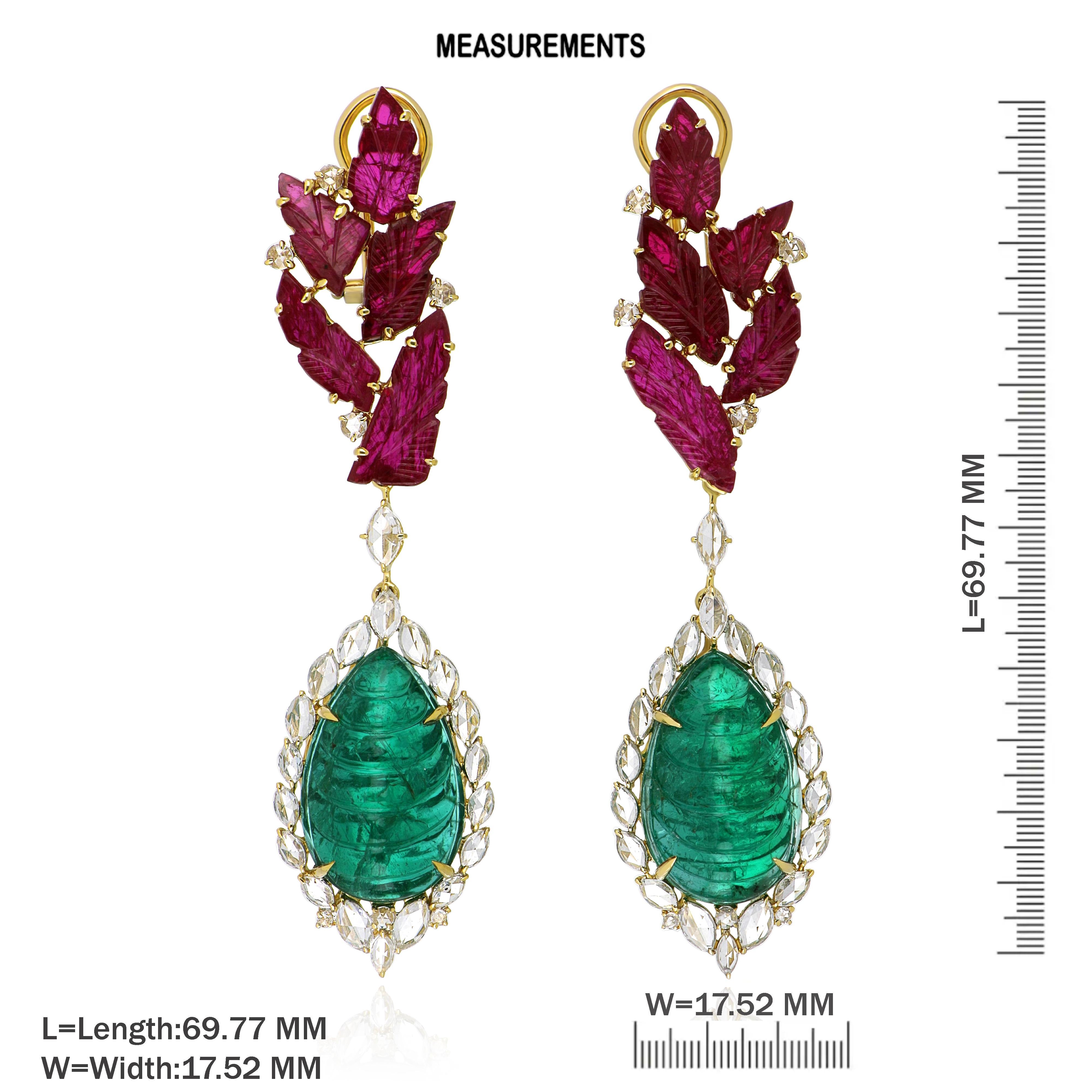 Mixed Cut Emerald, Ruby & Rose Cut Diamond Studded Earrings in 18 Karat Yellow Gold For Sale