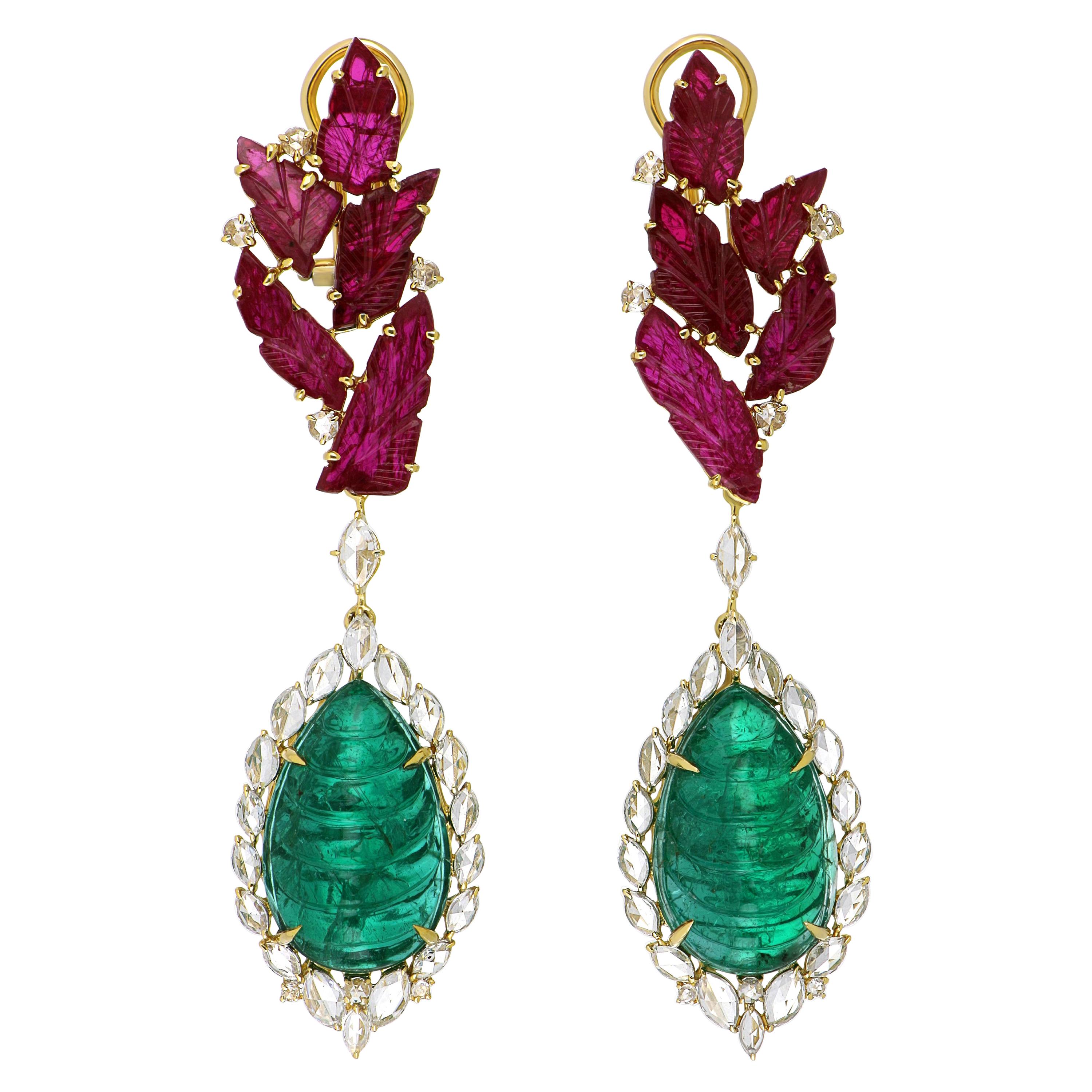 Emerald, Ruby & Rose Cut Diamond Studded Earrings in 18 Karat Yellow Gold For Sale