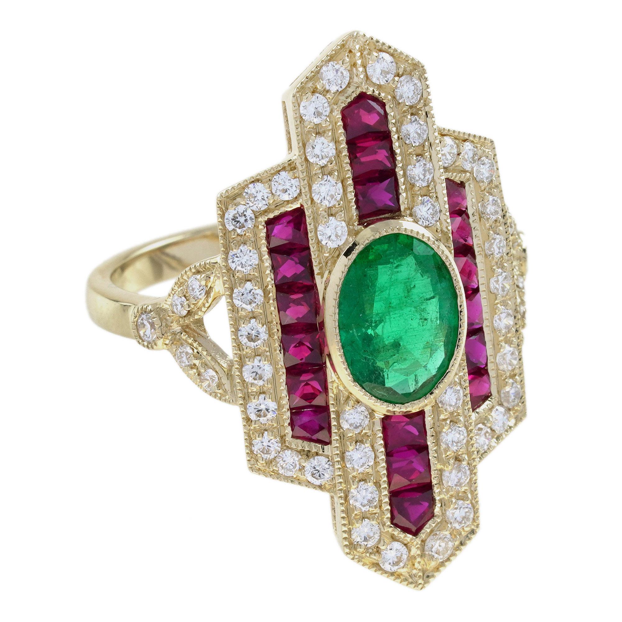 Wunderschöner Dinnerring im antiken Design, mit geometrischer Form. Montieren Sie in der Mitte in einer Lünette Fassung, mit einem ovalen Smaragd von ca. 1,05 Karat, umgeben von Französisch Cut Rubine und Diamanten umrissen. Er ist ein echter
