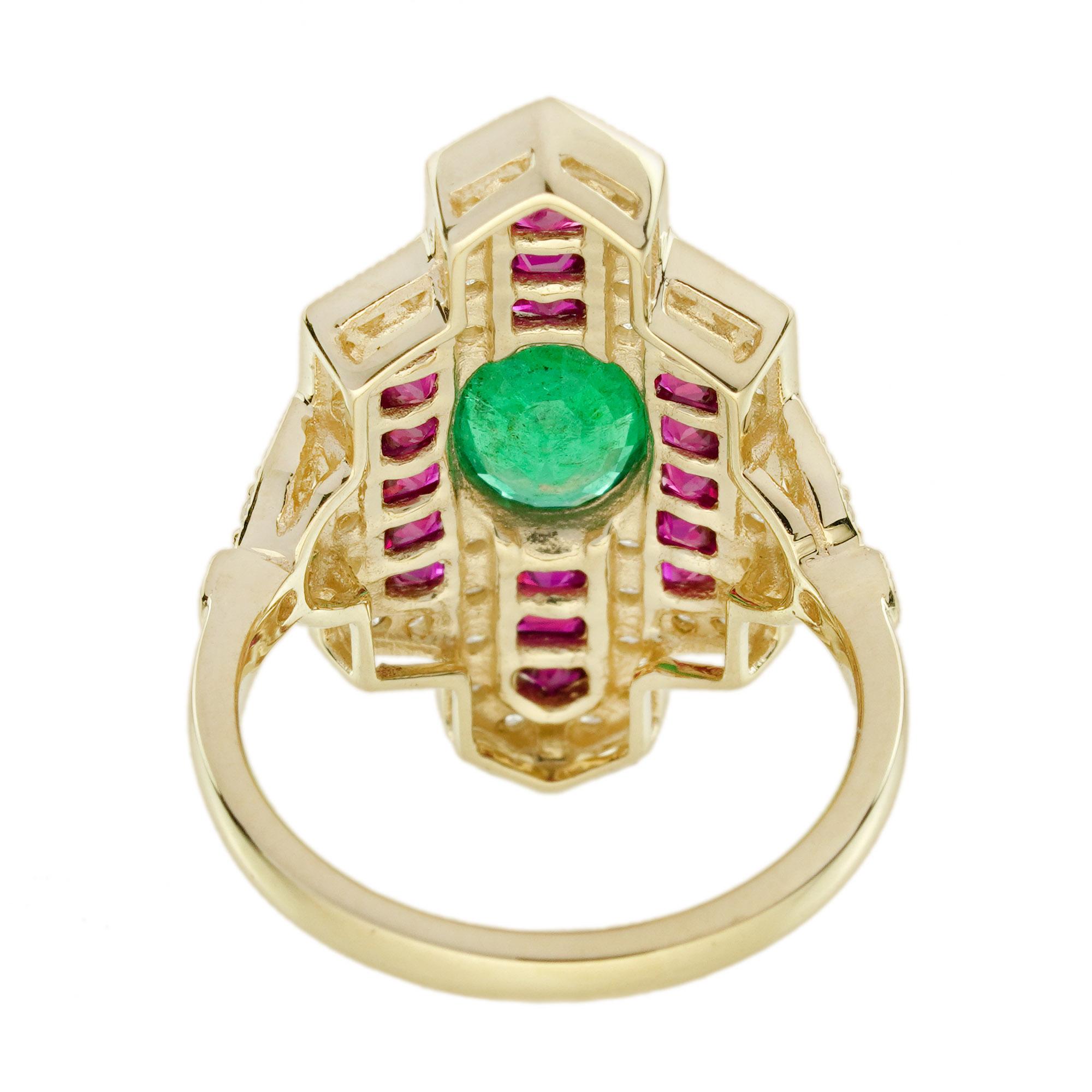 Smaragd & Rubin Diamant Vintage inspiriert Art Deco Stil Dinner Gelbgold Ring (Art déco) im Angebot