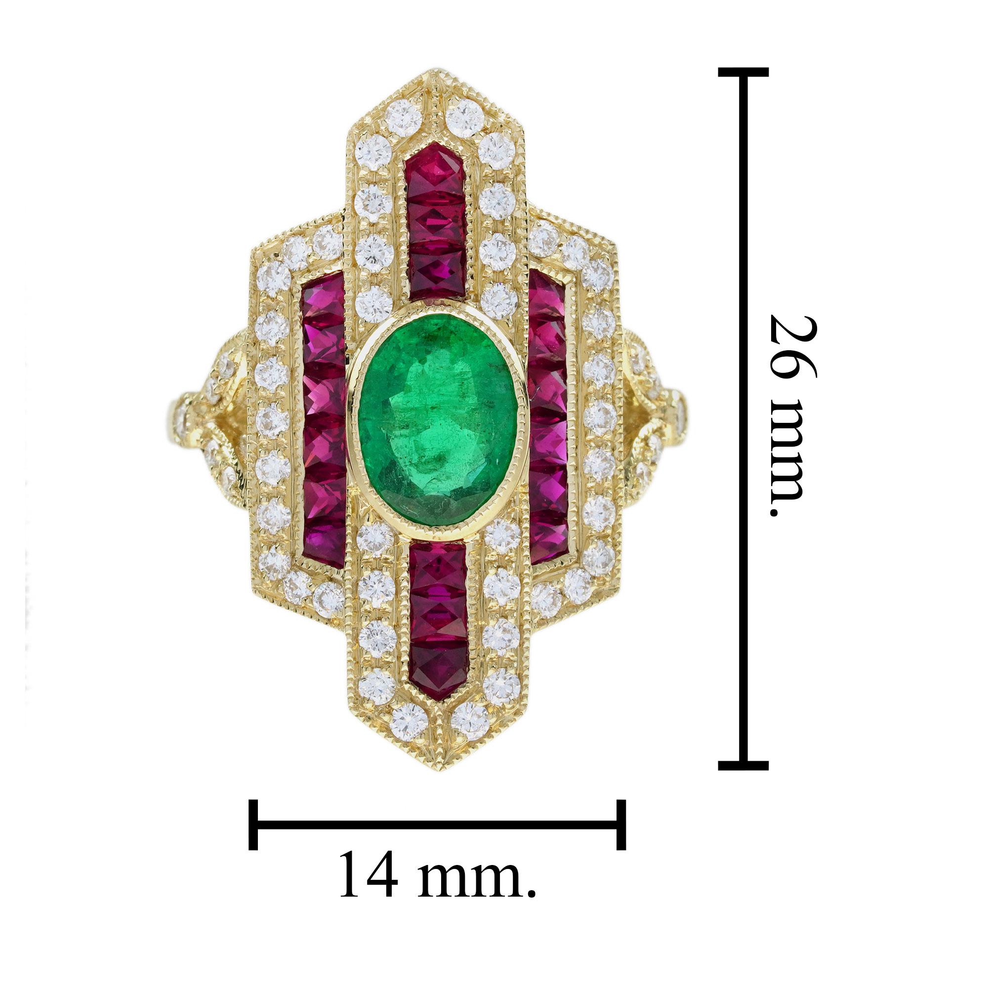 Smaragd & Rubin Diamant Vintage inspiriert Art Deco Stil Dinner Gelbgold Ring Damen im Angebot