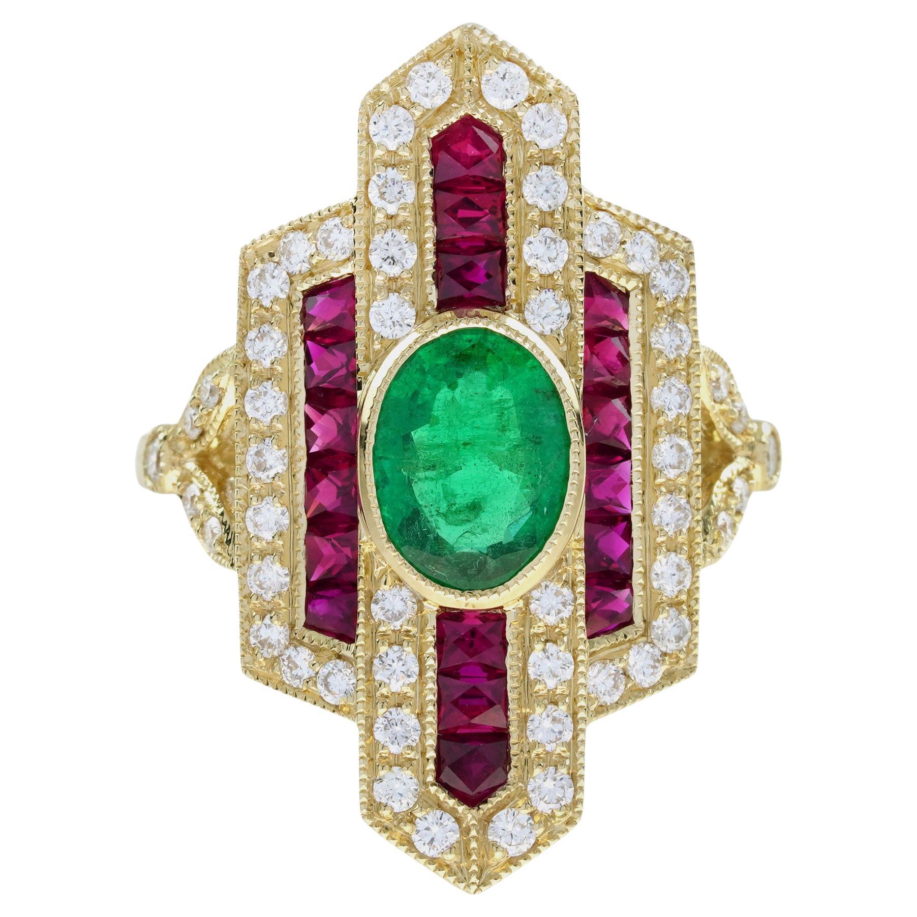 Emerald & Ruby Diamond Vintage Inspired Art Deco Style Dinner Yellow Gold Ring