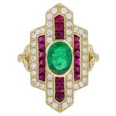 Emerald & Ruby Diamond Vintage Inspired Art Deco Style Dinner Yellow Gold Ring