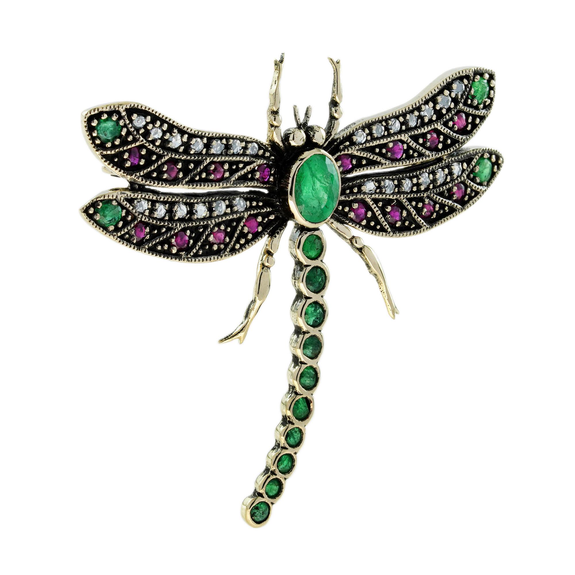 Art Deco Emerald Ruby Diamond Vintage Style Dragonfly Brooch in 14K Yellow Gold For Sale