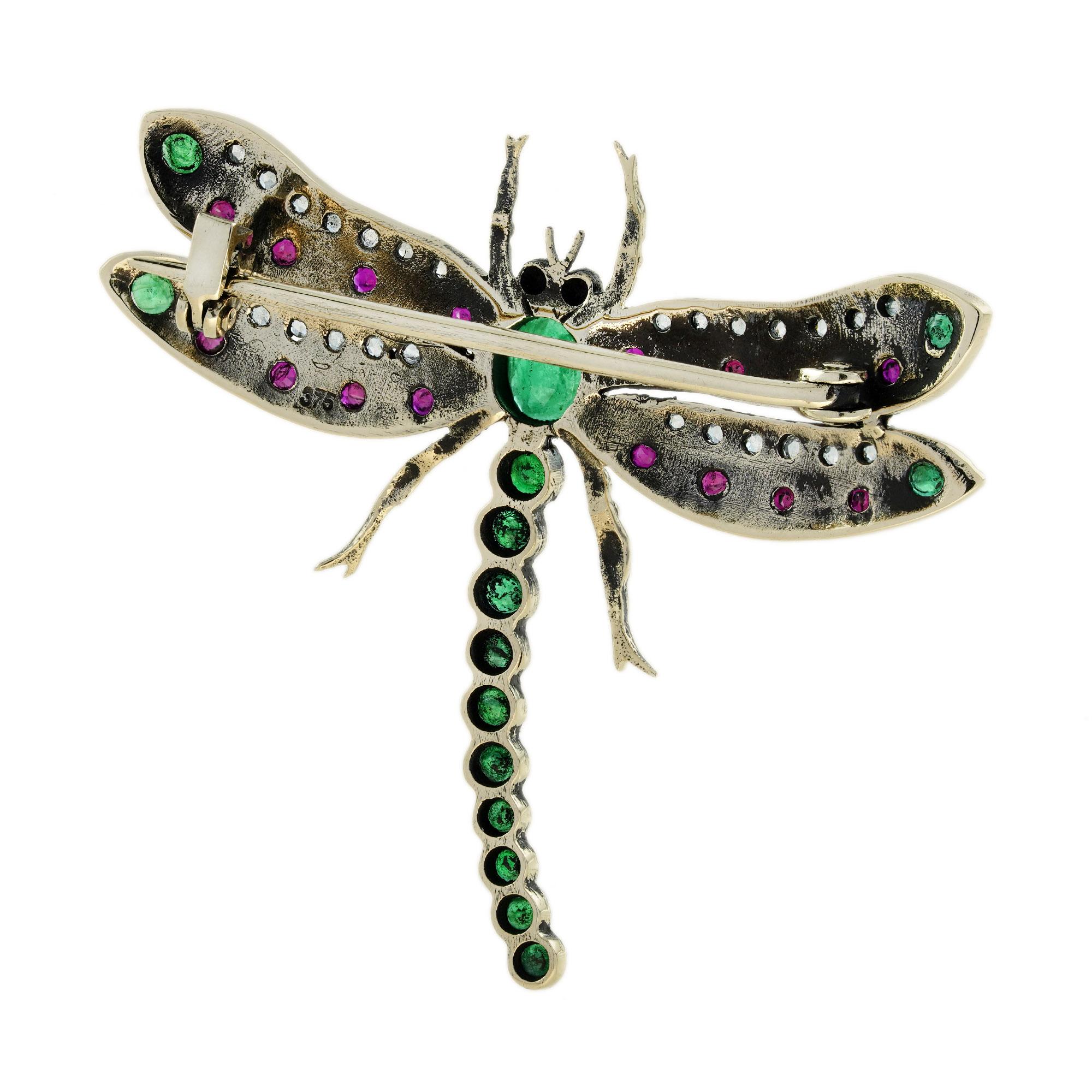 Oval Cut Emerald Ruby Diamond Vintage Style Dragonfly Brooch in 14K Yellow Gold For Sale