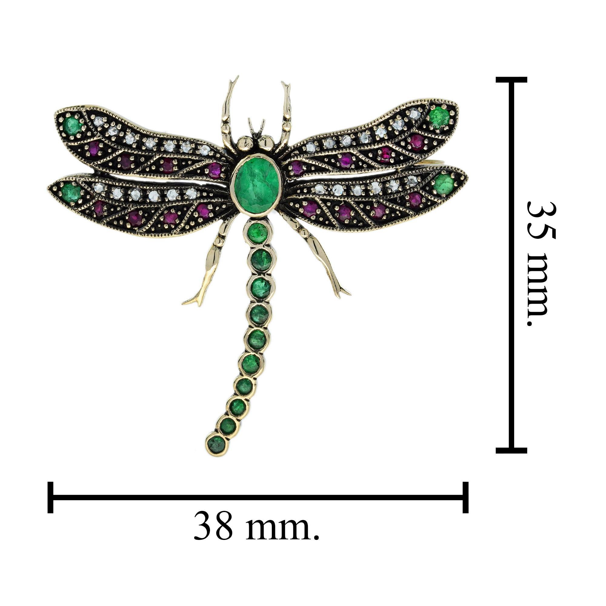 Women's Emerald Ruby Diamond Vintage Style Dragonfly Brooch in 14K Yellow Gold For Sale