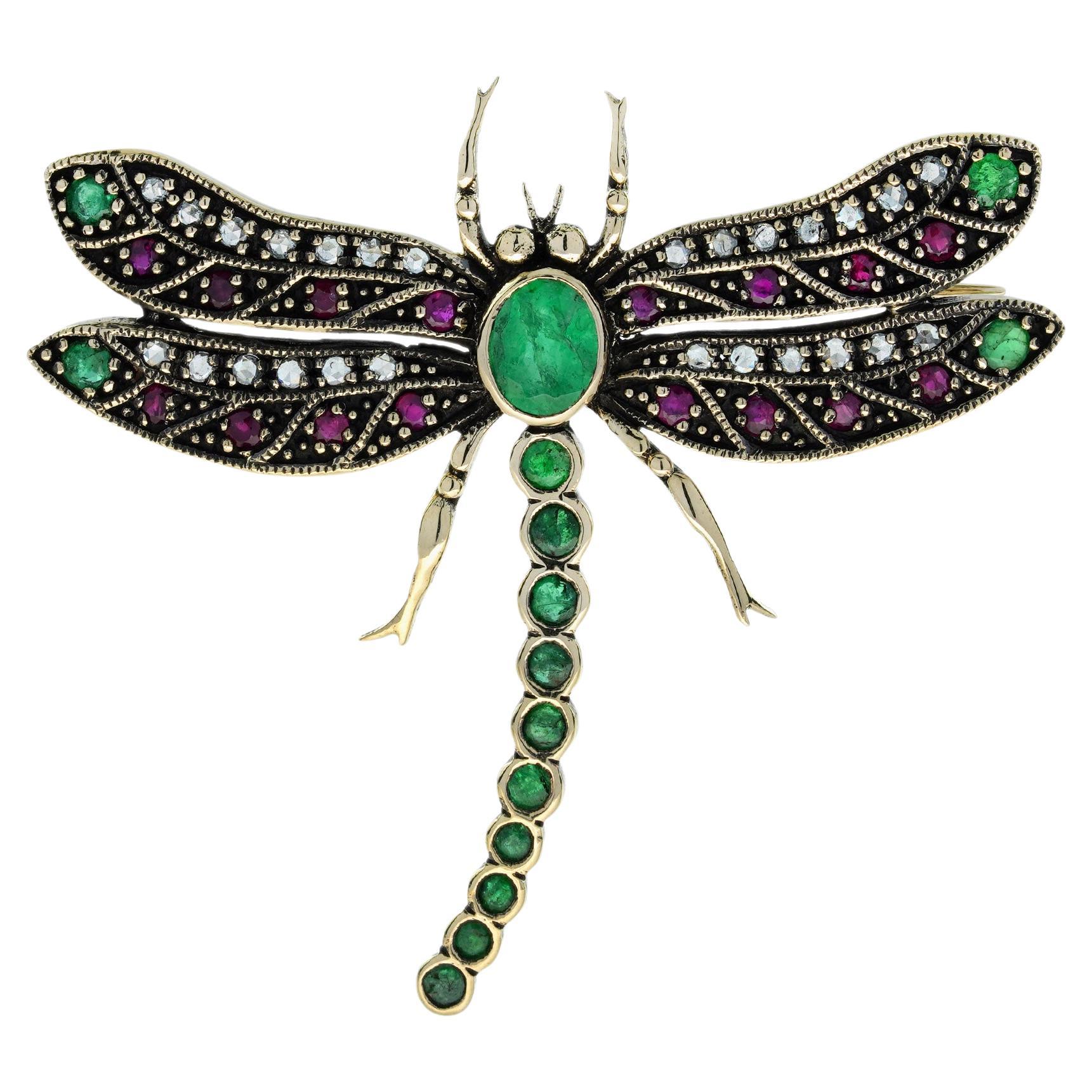 Emerald Ruby Diamond Vintage Style Dragonfly Brooch in 14K Yellow Gold For Sale