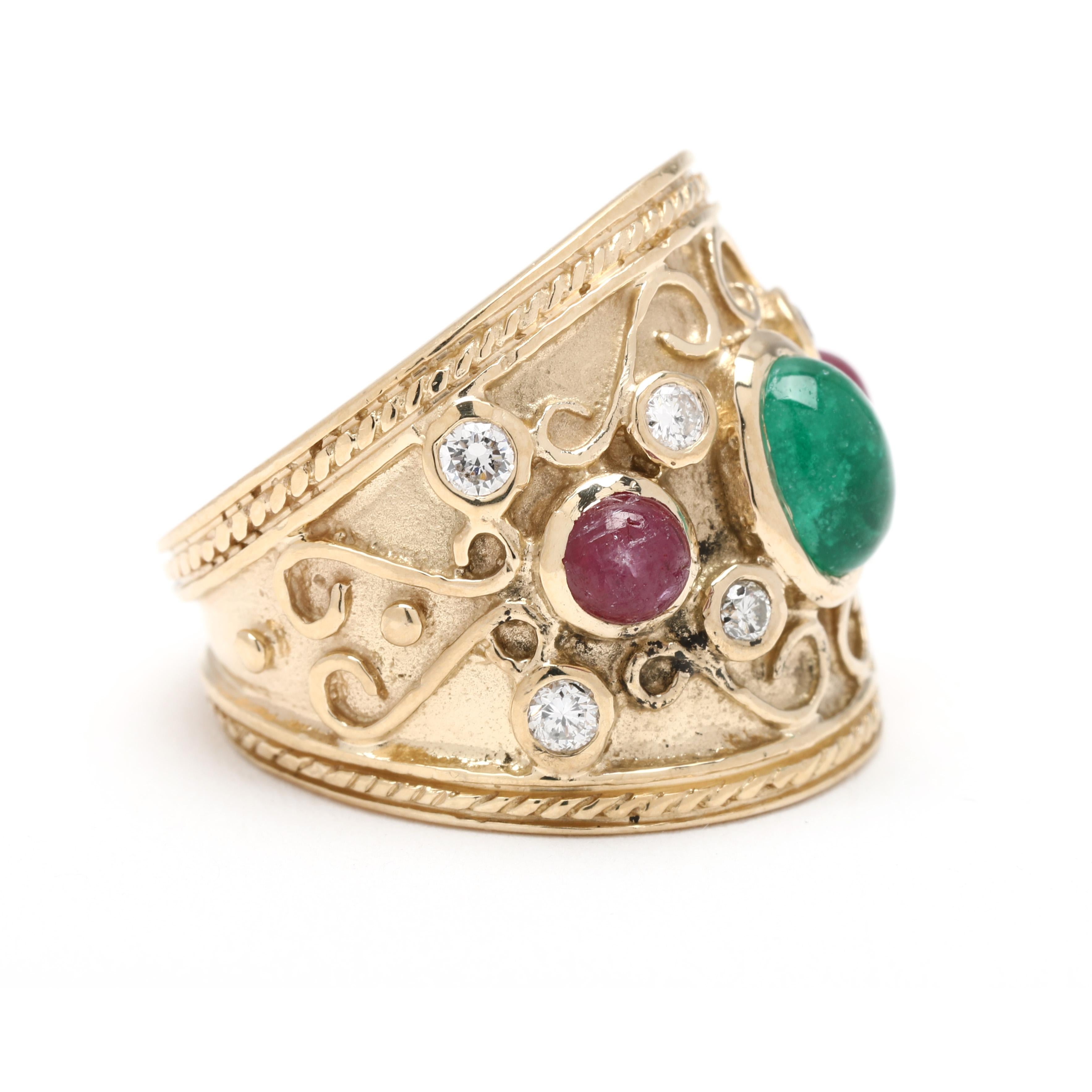 Stones:
emerald, 1 stone
oval cabochon
ruby, 2 stones
round cabochon
2.75 mm
diamonds, 8 stones
round brilliant cut
2 - 2.25 mm
approximately .28 total carats
G-H color, SI2-I1 clarity

Ring Size 6

Rise Off Of Finger: 4.9 mm

Length: 18.9