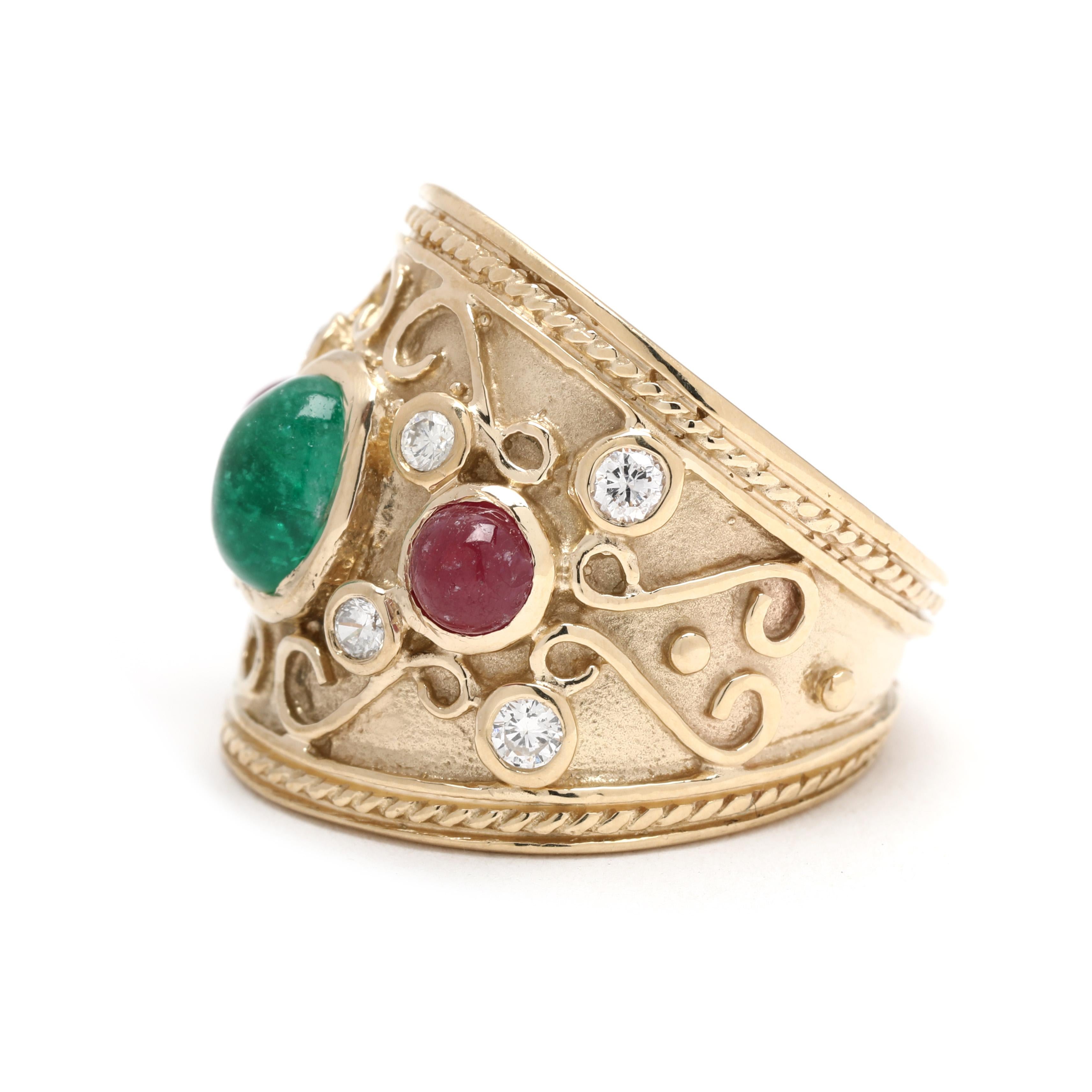 Taille ovale Bague à large bande en or jaune 14k, émeraude, rubis et diamant, taille 6, déclaration en vente