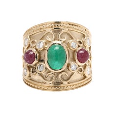 Emerald, Ruby & Diamond Wide Band Ring, 14k Yellow Gold, Ring Size 6, Statement