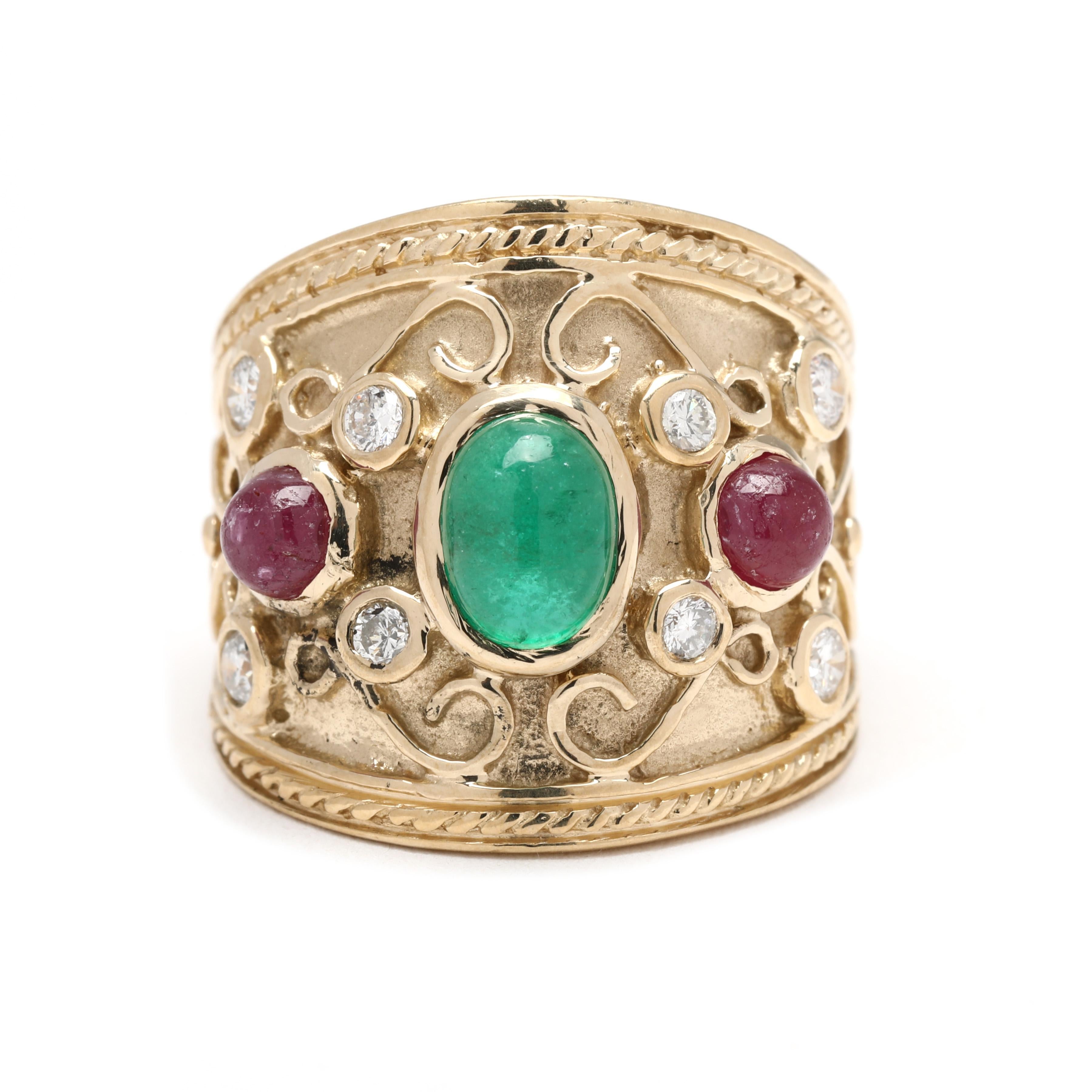Emerald, Ruby & Diamond Wide Band Ring, 14k Yellow Gold, Ring Size 6, Statement For Sale