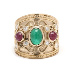 Emerald, Ruby & Diamond Wide Band Ring, 14k Yellow Gold, Ring Size 6, Statement
