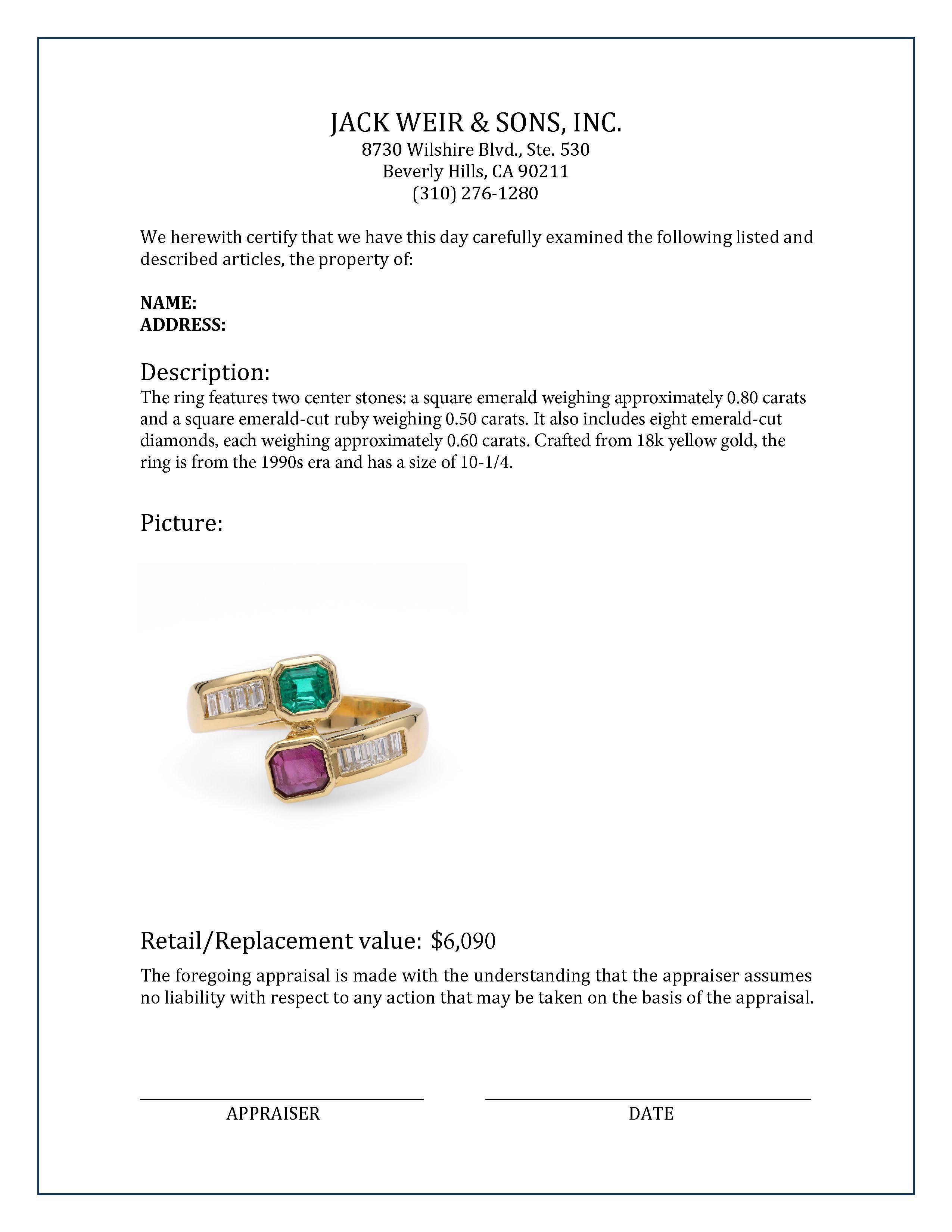 Bague Bypass en or jaune, émeraude, rubis et diamant Unisexe en vente