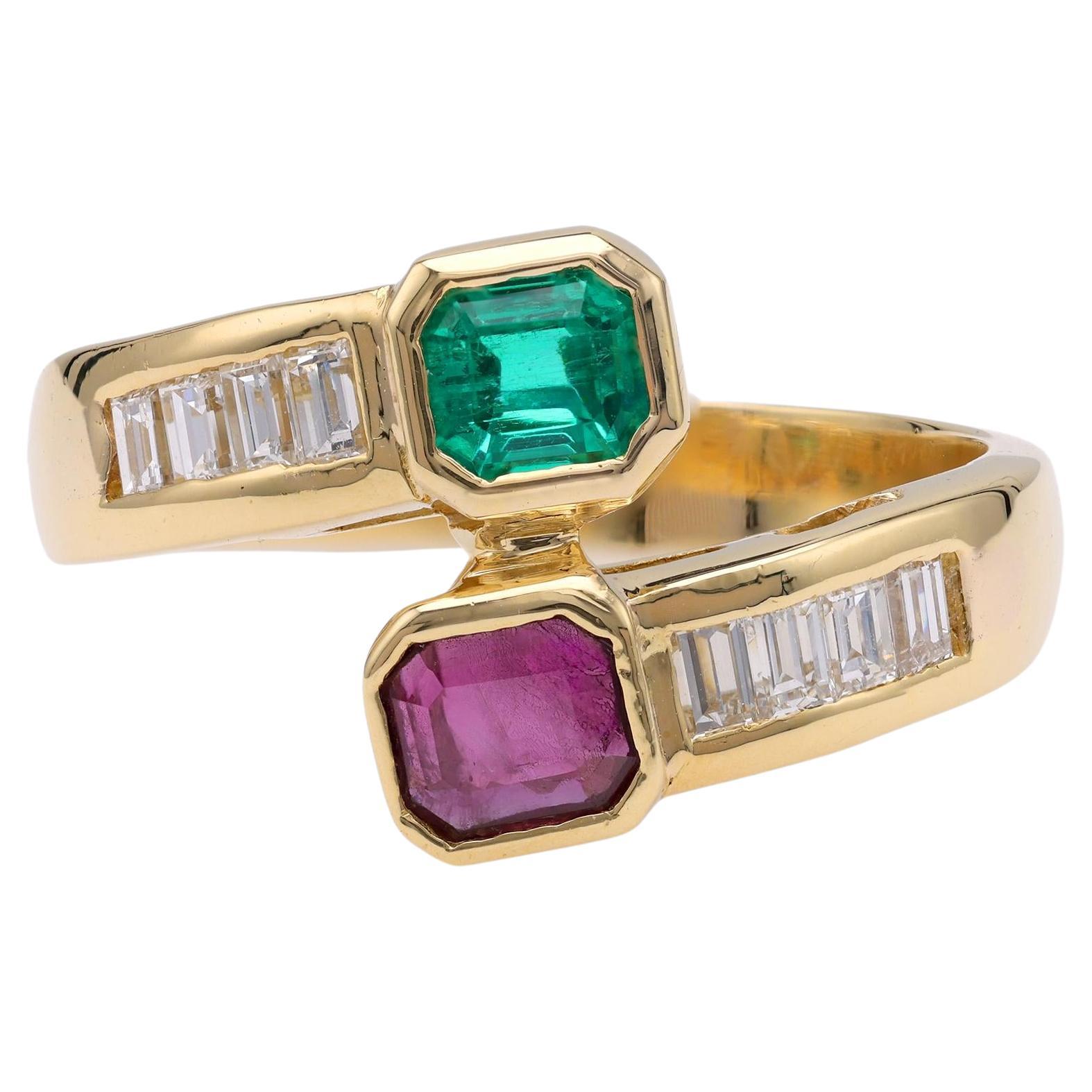 Emerald Ruby Diamond Yellow Gold Bypass Ring For Sale