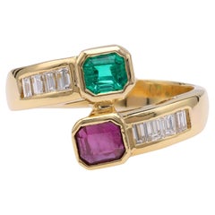 Emerald Ruby Diamond Yellow Gold Bypass Ring
