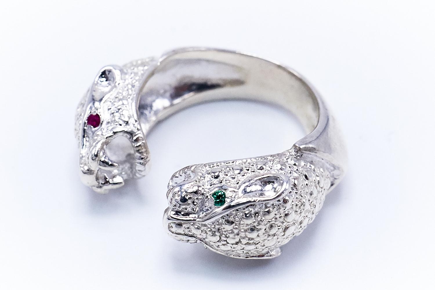 Emerald Cut Emerald Ruby  Double Head Jaguar Ring Sterling Silver Animal Jewelry J Dauphin For Sale