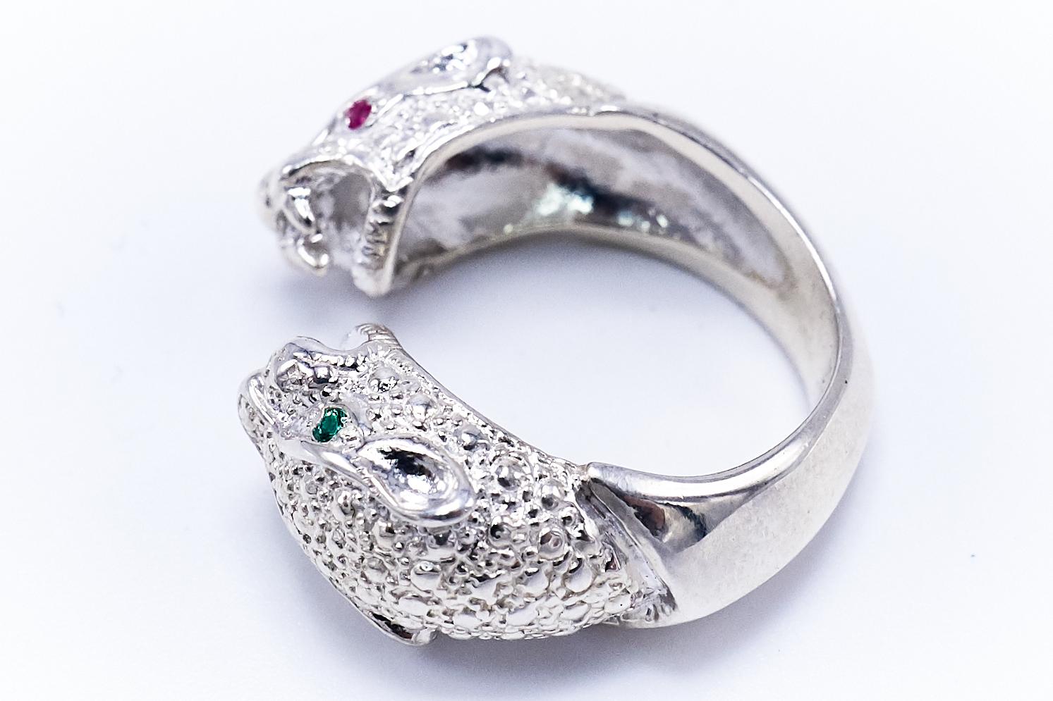 Emerald Ruby  Double Head Jaguar Ring Sterling Silver Animal Jewelry J Dauphin In New Condition For Sale In Los Angeles, CA