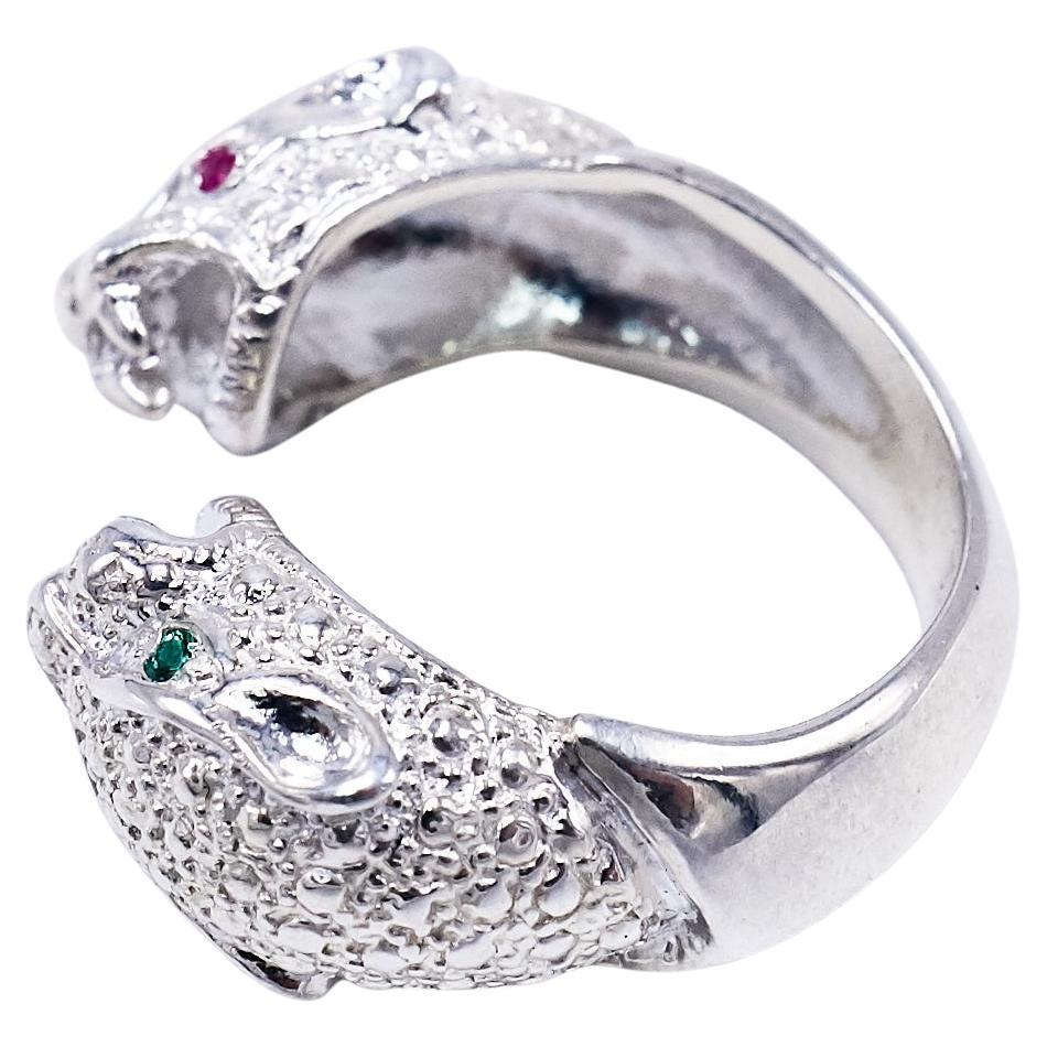 Emerald Ruby  Double Head Jaguar Ring Sterling Silver Animal Jewelry J Dauphin For Sale
