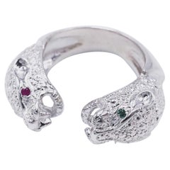 Smaragd-Rubin  Doppelkopf Jaguar-Ring aus Sterlingsilber Tierschmuck J Dauphin