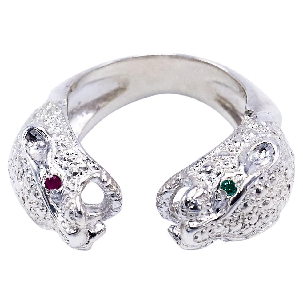 Rubí esmeralda  Anillo Jaguar Doble Cabeza Plata de Ley Joyería Animal J DAUPHIN