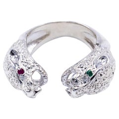 Rubí esmeralda  Anillo Jaguar Doble Cabeza Plata de Ley Joyería Animal J DAUPHIN