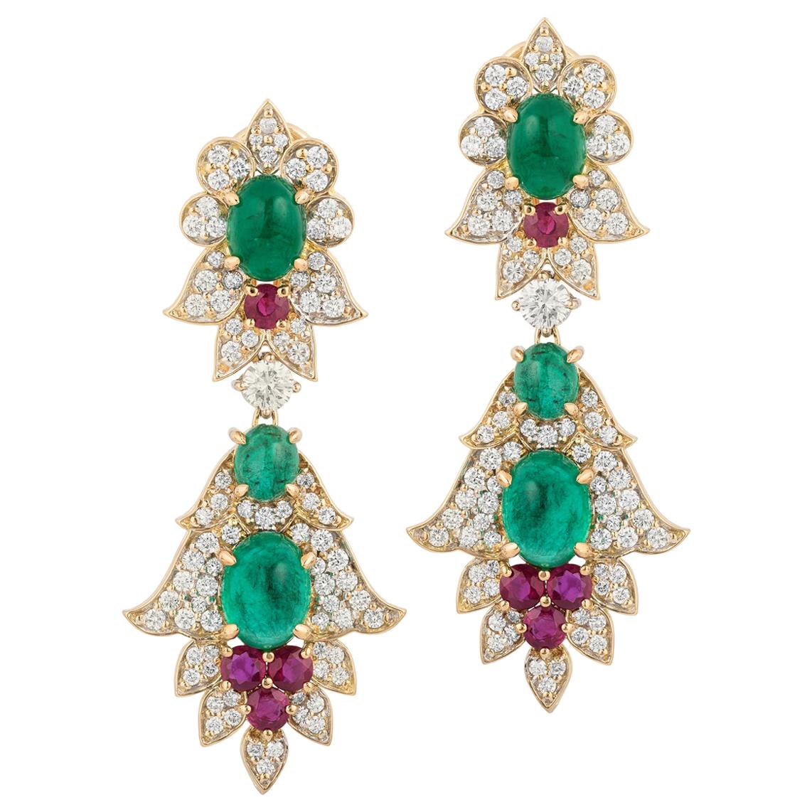 Emerald Ruby Earrings Yellow Gold 18 Karat Cabochon Diamond Dangle Andreoli